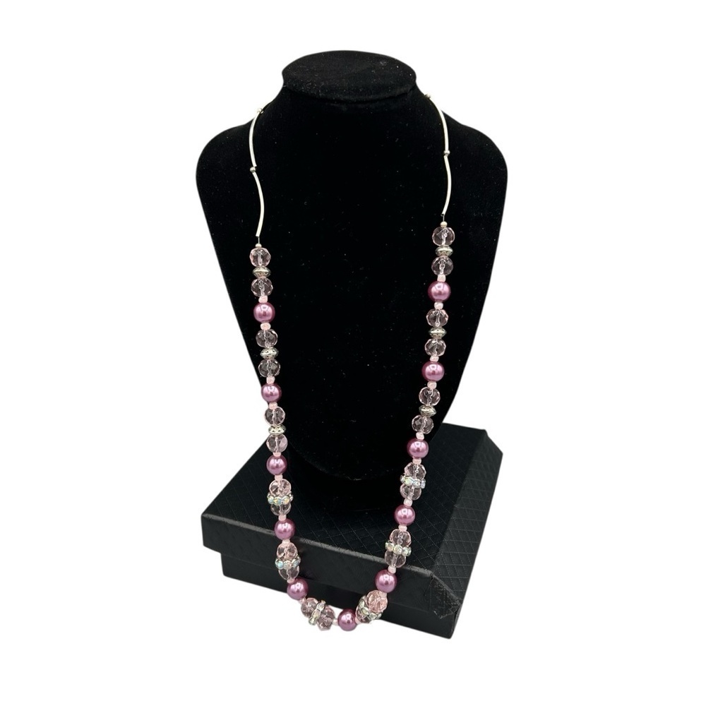 Vintage Pink Beaded Necklace & Earrings Set Glass Pearl Crystal - Picture 9 of 12